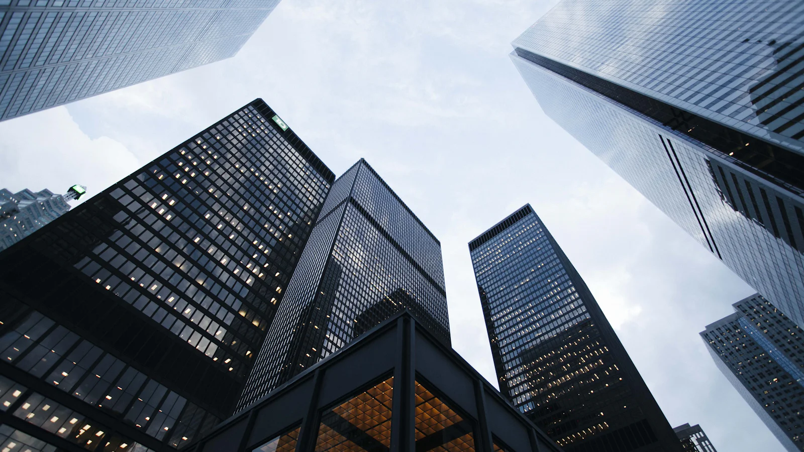 Financial-district towers shot from below